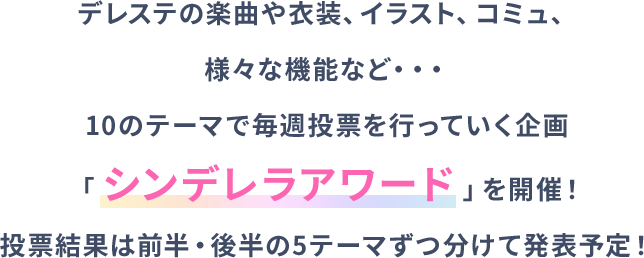 デレステの楽曲や衣装、イラスト、コミュ、様々な機能など・・・10のテーマで毎週投票を行っていく企画「シンデレラアワード」を開催！投票結果は前半・後半の5テーマずつ分けて発表予定！